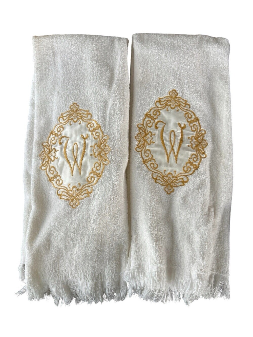 Set Of Two Vintage Cannon Bath Towels Monogrammed W Off White Gold